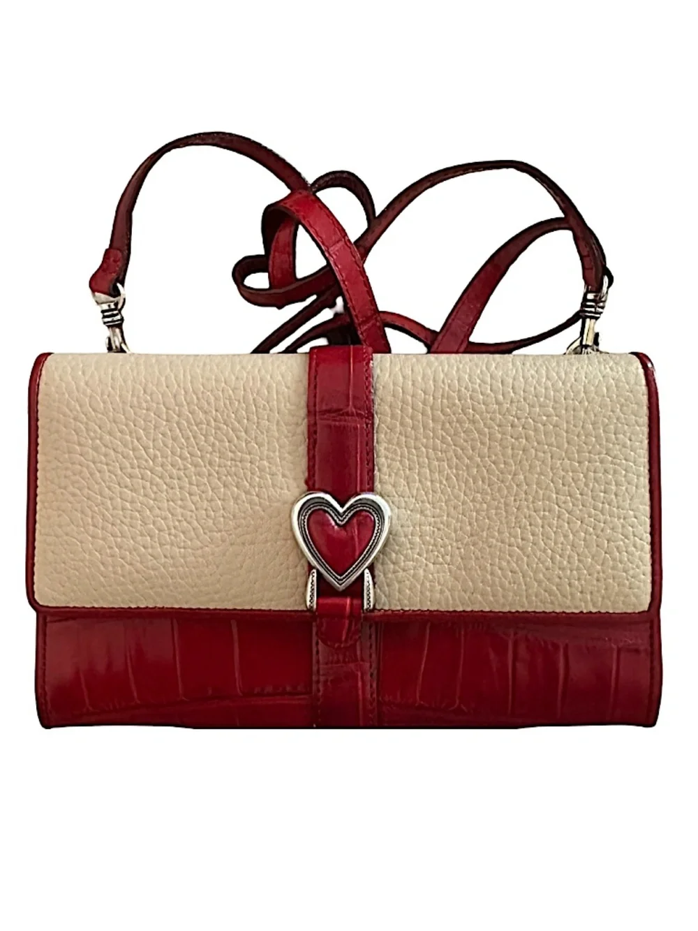 BRIGHTON Leather Crossbody Bag 7.5”x 4.5”x 2” Red & White Trifold